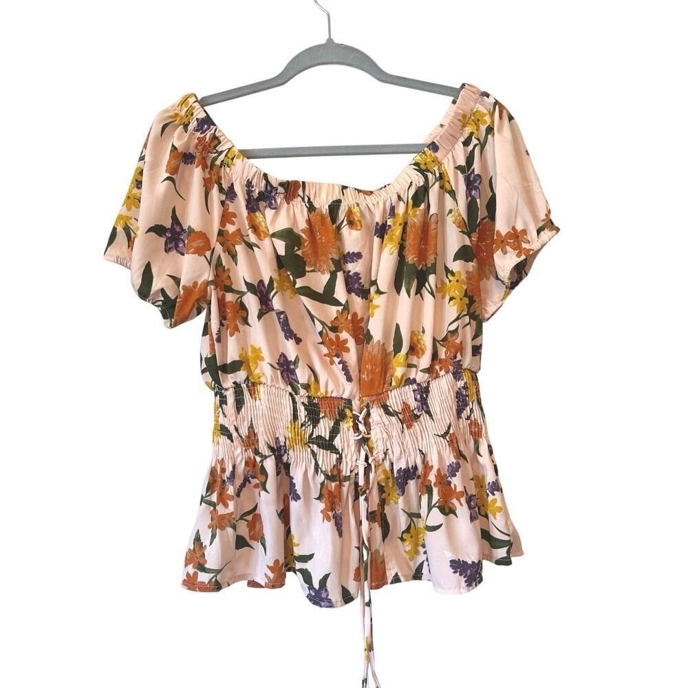 New Glory Pink Floral Smocked Peplum Blouse Off Shoulder Top Plus Size 2X NWT